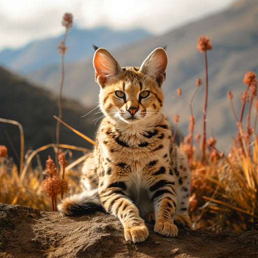 A serval cat in front of mountain scenery