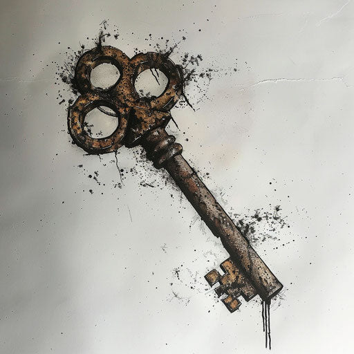 Industrial sketch of a rusty iron key with metallic textures and dark shading