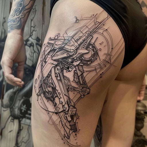 Thigh tattoo with cybernetic elements