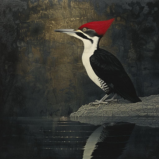 Ivory billed woodpecker in a calm, reflective pose by a water's edge