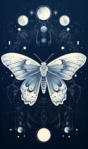 Moth on background of planets and stars, organic geometry