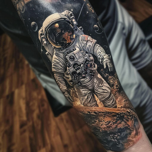 Space exploration arm tattoo in the style of Peter Jackson