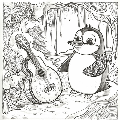 A whimsical penguin playing guitar on an icy stage.