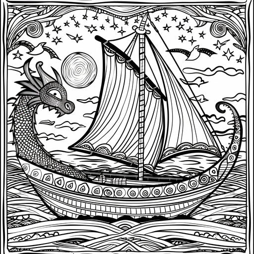 Whimsical boat with dragon figurehead sailing through enchanted waters