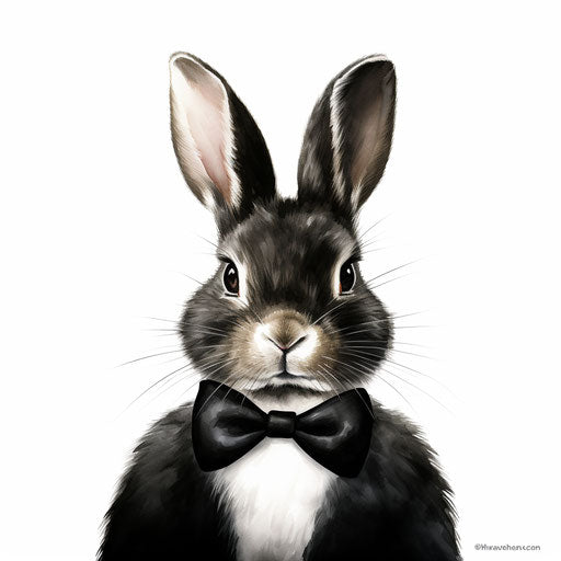 Black rabbit with bow tie on white background, graphic art style
