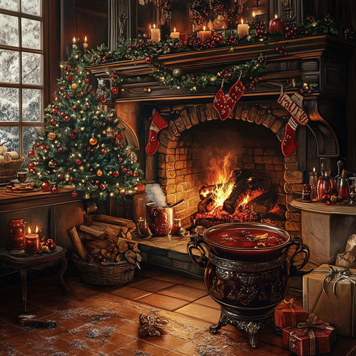 Festive cooking scene in front of a large kitchen fireplace