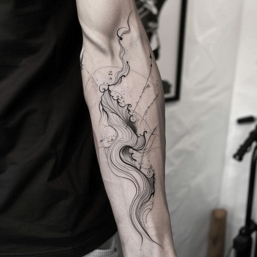 Dynamic flat tattoo sketch of a single line morphing into an abstract wave