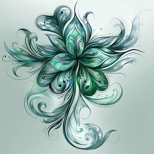 Dynamic tattoo sketch of a 4 leaf clover with swirling wind elements in cool tones