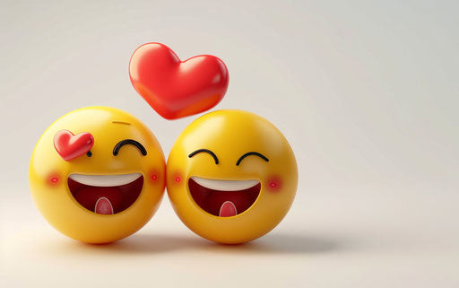 Two cute happy smiling emojis with hearts, white background