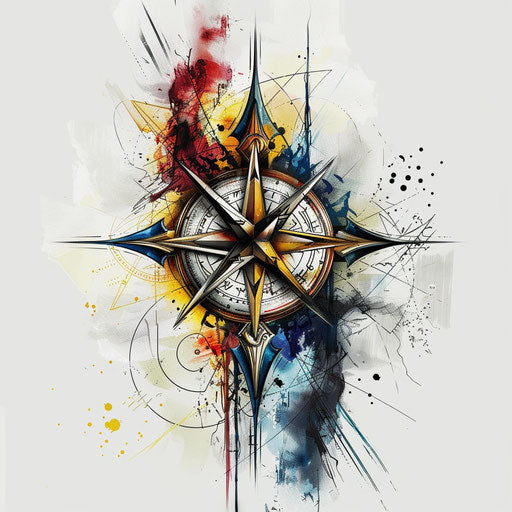 Sketch of Viking compass tattoo with team colors and dynamic lines