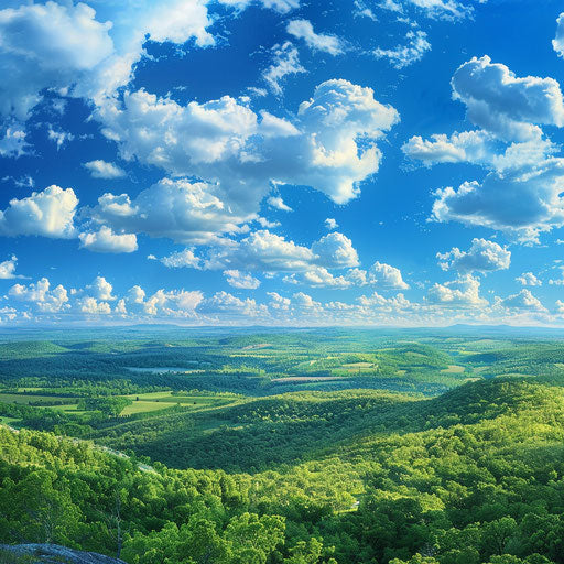 Panoramic view of Ozark Mountains under brilliant blue sky