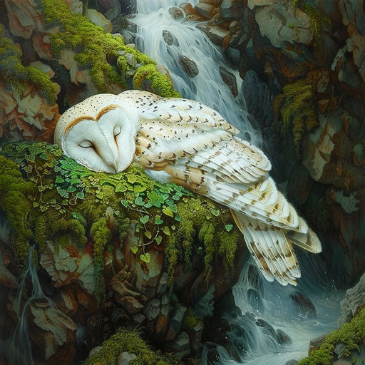 White owl sleeping in thick moss by a waterfall
