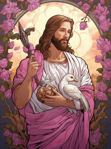 Jesus holding an utensil in a meticulous linework precision style, light red and purple, baroque animals