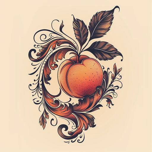 Baroque-style flat tattoo sketch of a peach