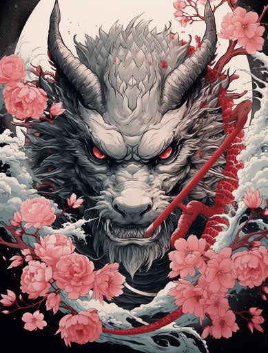 Dragon with flowers in mouth wielding a sword
