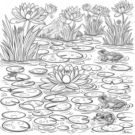 Serene pond with lily pads and frogs. Coloring book page