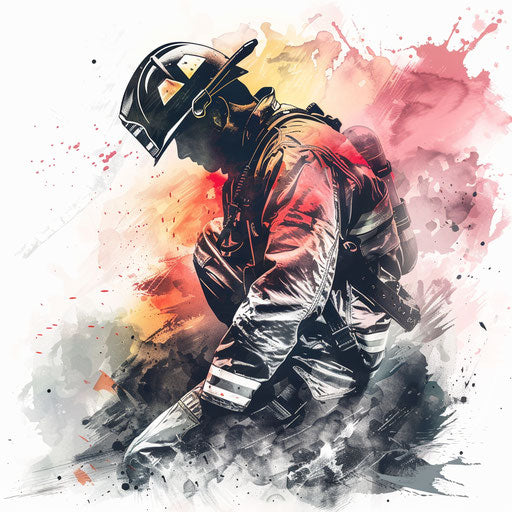 Firefighter in rescue pose with abstract watercolor effects