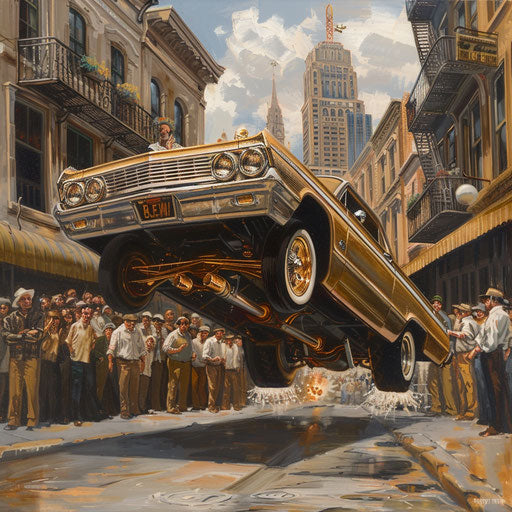 Skyway classic lowrider with hydraulic suspension, bouncing down a historic street, spectators watching in awe