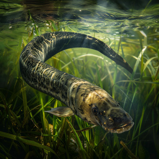 Electric eel slithering through underwater grass