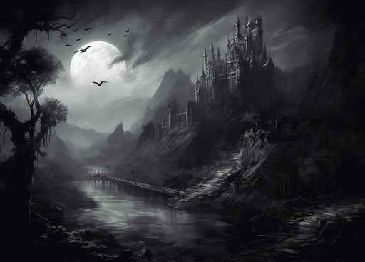 Bird of the night and black and white stone castle custom