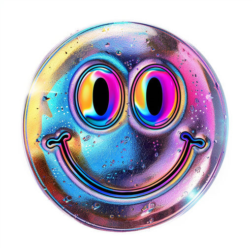 Futuristic holographic smiley face tattoo design, iridescent colors, on white