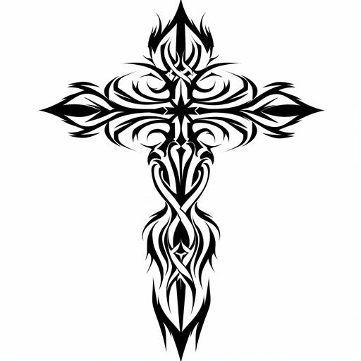 Strength cross tattoo in tribal pattern with sharp edges and curves