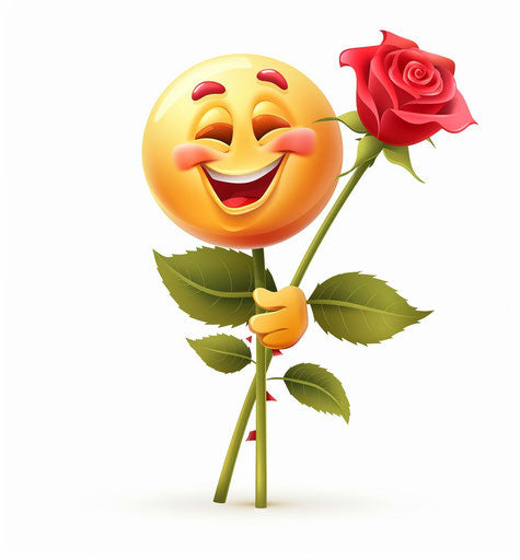 Vector emoji with smiling face holding rose flower on white background