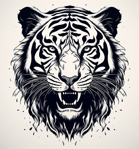 Black and white illustration of a tiger head, screen printing style, realistic details