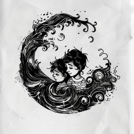 Beautiful clipart style flat tattoo sketch for three children tattoo for moms with sea and waves theme
