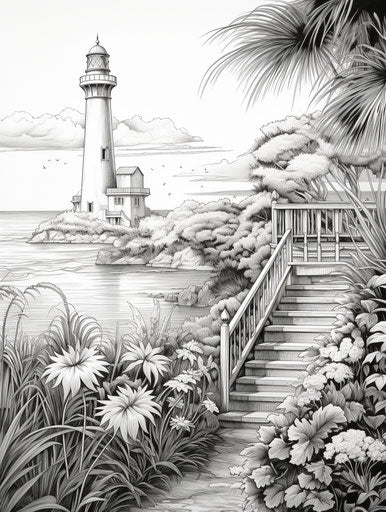 Beach and tower in black and white, exotic flora and fauna style