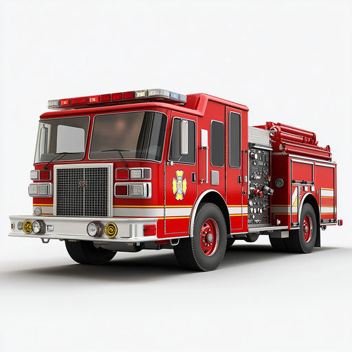 3D fire engine with flat white background, isolated clipart