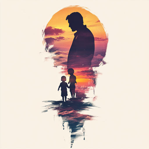 Father and child silhouette tattoo at sunset
