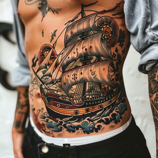 Stomach tattoos men of a pirate ship