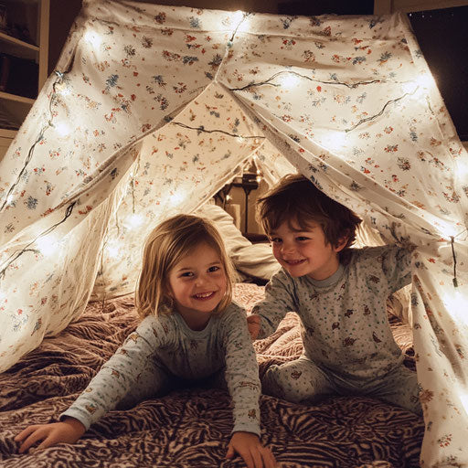 Young siblings in fleece pajamas, building a fort in the living room, fairy lights twinkling above them.
