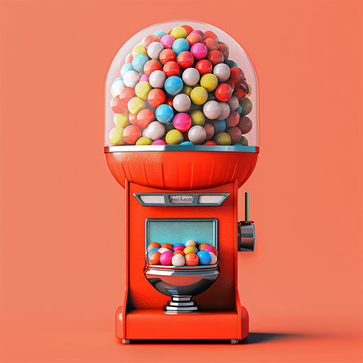 Realistic gumball machine on vibrant coral background