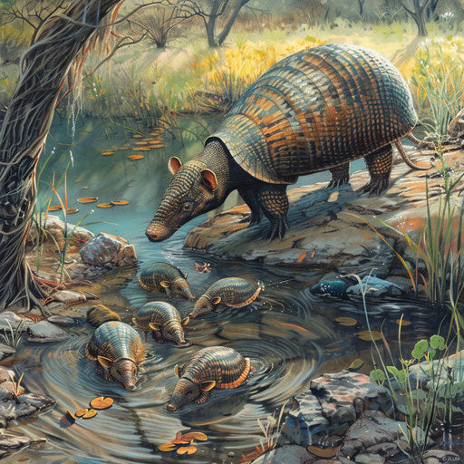 A mother armadillo leading her babies across a meandering creek.