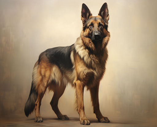 German shepherd on white background, strong contrast