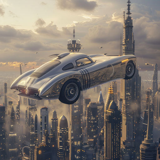 Flying Shelby Daytona with jet engines above a futuristic cityscape