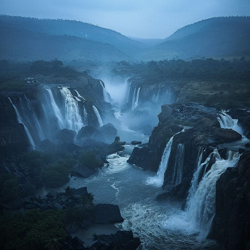 Hogenakkal Falls with dramatic lighting and misty ambiance