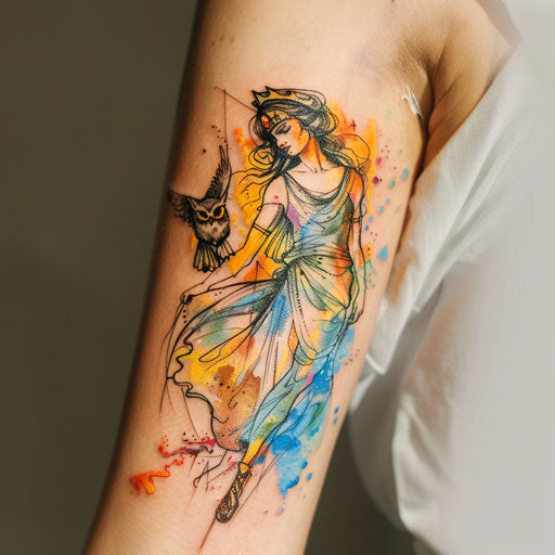 Colorful watercolor tattoo of Athena with owl