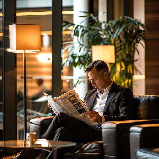 Businessman reading newspaper in elegant office lounge