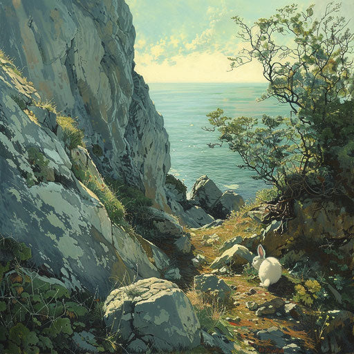 White rabbit on steep cliffs overlooking the ocean