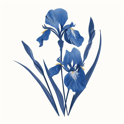 Japanese iris tattoo in deep blue on white background