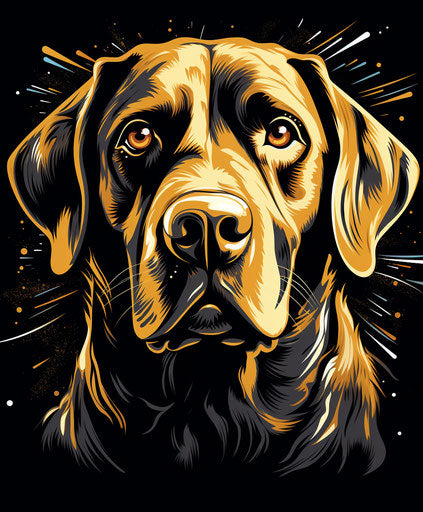 Labrador Retriever, stencil art style, classic tattoo motifs, facial expression, high resolution, CAD, dark white and yellow 63:76