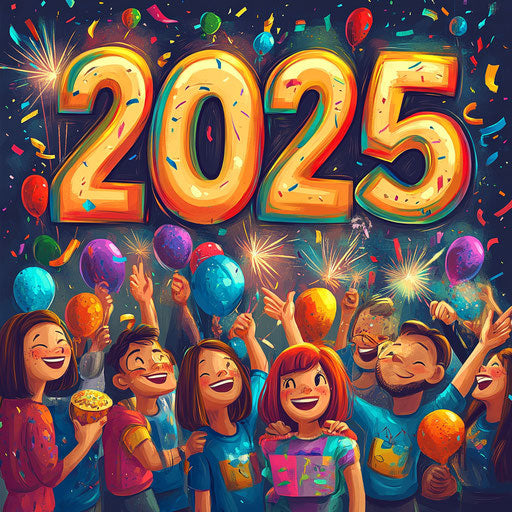 Numbers 2025 surrounded by people celebrating with balloons and fireworks