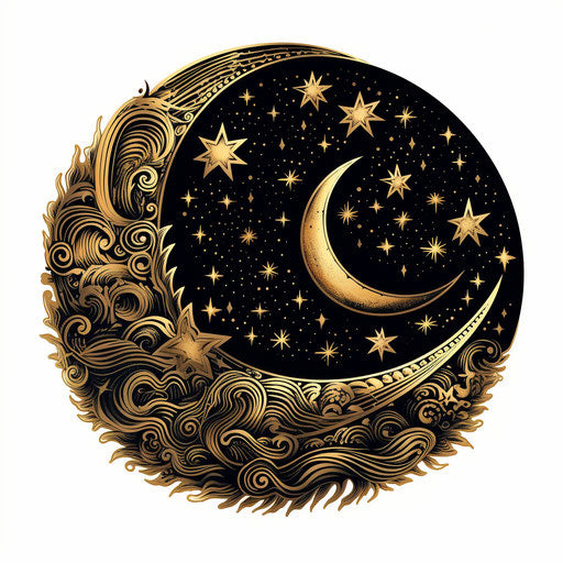 Moon and stars drawing in the style of Chiaroscuro Art, on white background
