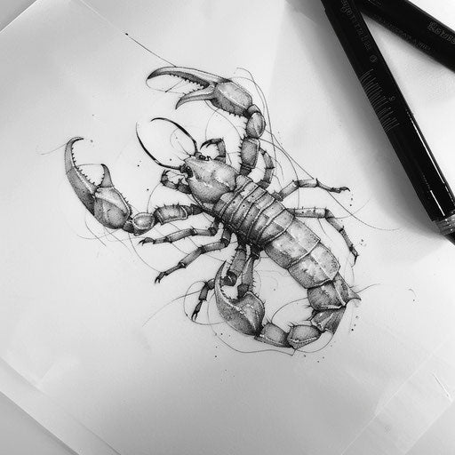 Scorpio flat tattoo sketch, scorpion emerging from shadows