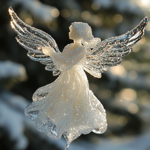 Hand-blown glass angel ornament, wings dusted with snow