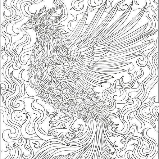 Phoenix emerging from flames. Coloring book page