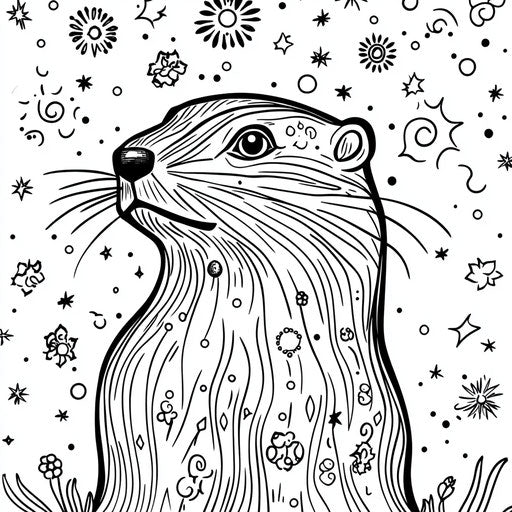 Groundhog with celestial motifs in the style of Ruben Ireland coloring book page